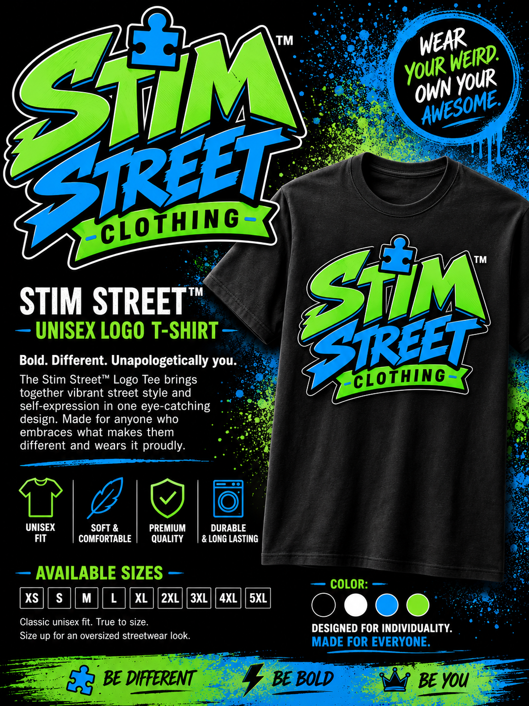 Stim Street™ Unisex Logo T-Shirt : Blue and Green