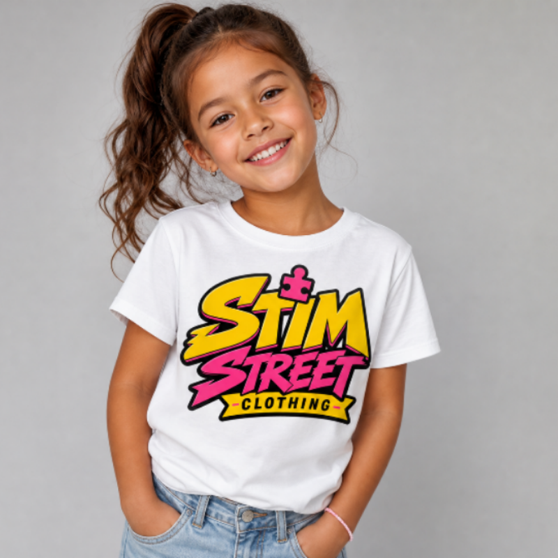 A young girl with a ponytail smiling while wearing a white t-shirt with a colorful 'STIM STREET CLOTHING' graphic on the front, paired with light wash blue jeans, set against a solid gray studio background.